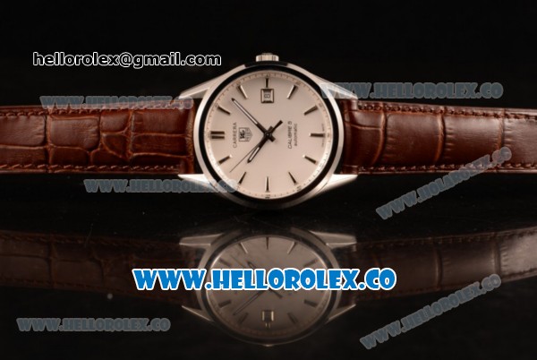 Tag Heuer Carrera Calibre 5 wiss ETA 2824 Automatic Steel Case with White Dial Stick Markers and Brown Leather Strap - Click Image to Close